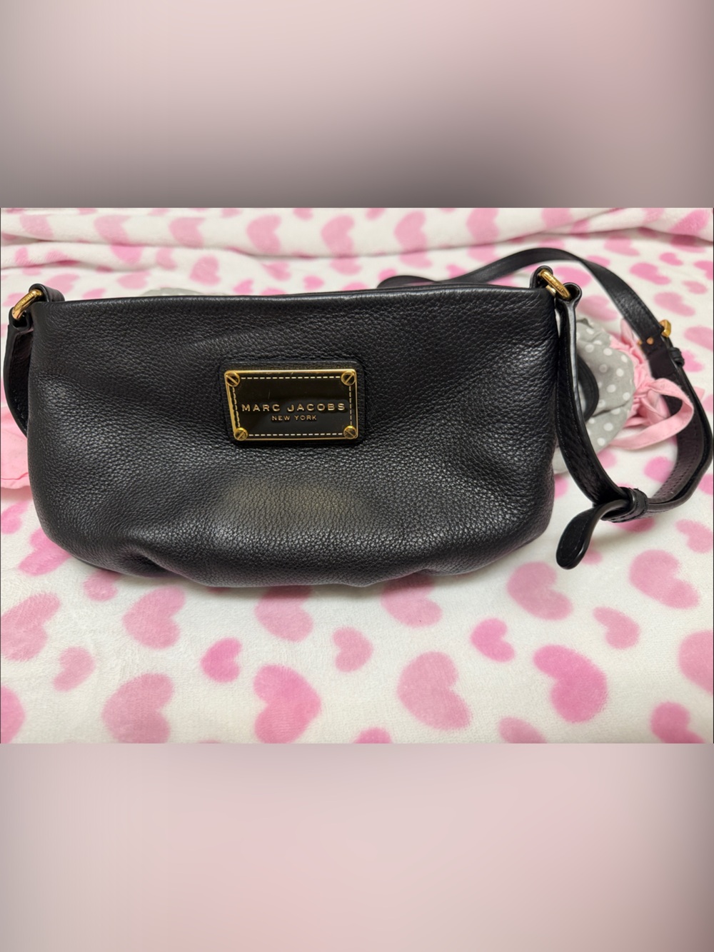 Marc Jacobs Black Pebbled Leather Small Crossbody with Gold Plaque